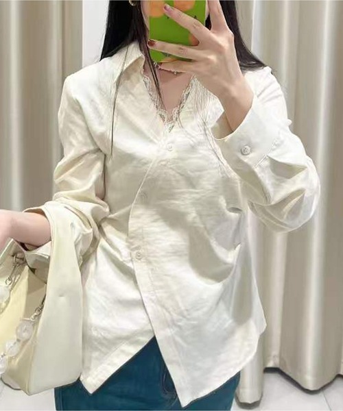 CHUN CHUN NOTES(チュンチュンノーツ)の「斜めボタンダウンシャツ 韓国風やさしく細見えする長袖トップス(シャツ/ブラウス・レディース・ベージュ・M)」の10枚目の写真