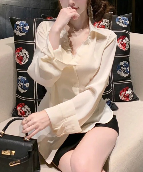 CHUN CHUN NOTES(チュンチュンノーツ)の「斜めボタンダウンシャツ 韓国風やさしく細見えする長袖トップス(シャツ/ブラウス・レディース・ベージュ・M)」の13枚目の写真