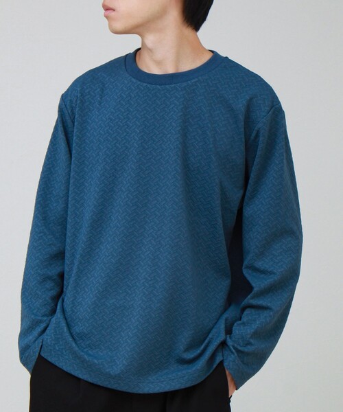 GLOSTER(グロスター)の「フクレジャガード幾何学柄 ロンT ロングスリーブTシャツ(Tシャツ/カットソー・メンズ・ホワイト/ブラック/ブルー・S/M/L)」の3枚目の写真