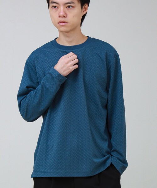 GLOSTER(グロスター)の「フクレジャガード幾何学柄 ロンT ロングスリーブTシャツ(Tシャツ/カットソー・メンズ・ホワイト/ブラック/ブルー・S/M/L)」の7枚目の写真