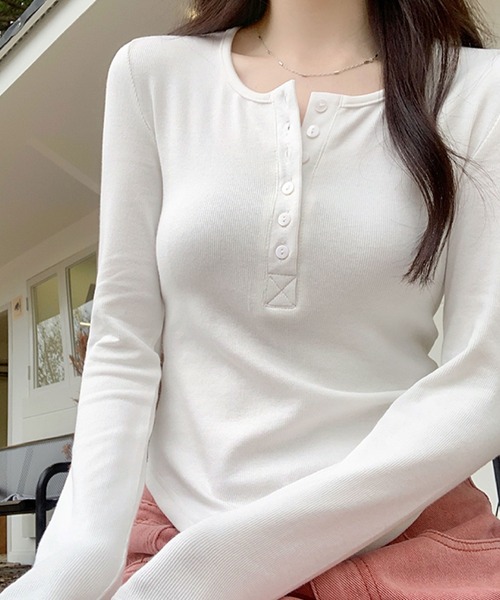 2ly2（トゥーリートゥー）の「ヘンリーネックリブトップス / 長袖 リブカットソー スリムフィット（Tシャツ/カットソー・レディース・ホワイト/ブラック/ブラウン/グレー・FREE）」の7枚目の写真