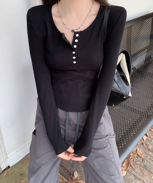 2ly2（トゥーリートゥー）の「ヘンリーネックリブトップス / 長袖 リブカットソー スリムフィット（Tシャツ/カットソー・レディース・ホワイト/ブラック/ブラウン/グレー・FREE）」の12枚目の写真