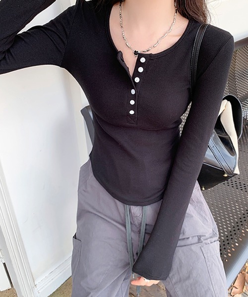 2ly2（トゥーリートゥー）の「ヘンリーネックリブトップス / 長袖 リブカットソー スリムフィット（Tシャツ/カットソー・レディース・ホワイト/ブラック/ブラウン/グレー・FREE）」の13枚目の写真