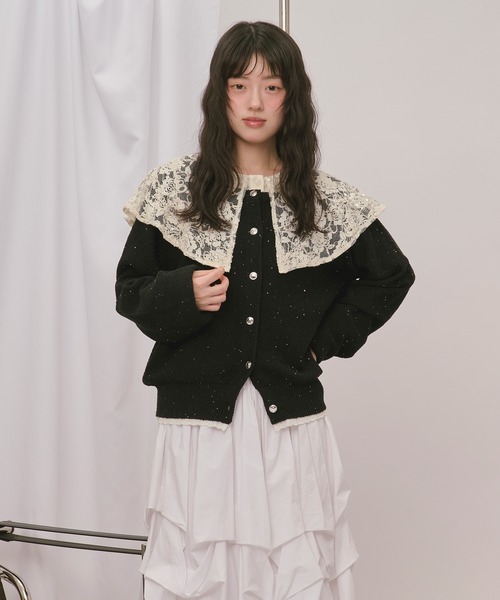 loin nuit(ロワンニュイ)の「2way collar spangle lace knit / 2wayカラースパンコールレースニット(ニット/セーター・レディース・ブラウン/ネイビー/ブラック/ブルーグリーン・FREE)」の15枚目の写真