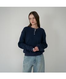 Check Henley-neck Sweatshirt [Navy]