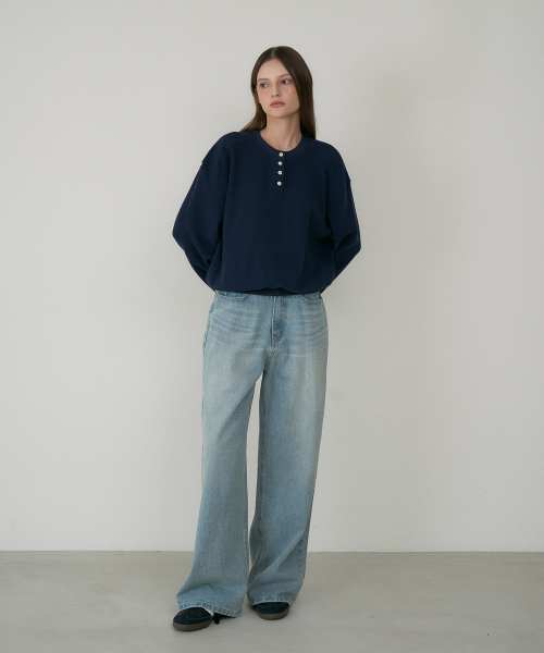 DEHEVE（デヘヴェ）の「Check Henley-neck Sweatshirt [Navy]（スウェット・レディース・ネイビー・OS）」の3枚目の写真