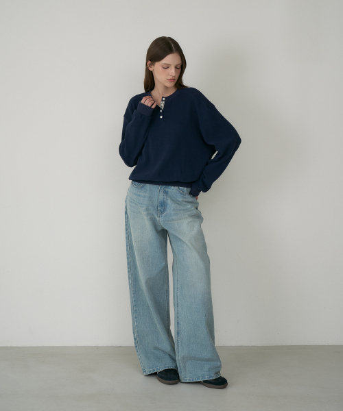 DEHEVE（デヘヴェ）の「Check Henley-neck Sweatshirt [Navy]（スウェット・レディース・ネイビー・OS）」の9枚目の写真