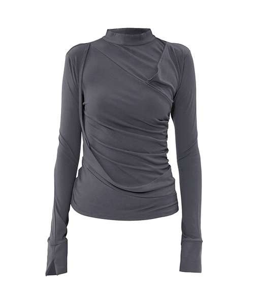 FLAREUP(フレアアップ)の「ドレープモックネック長袖 (FL-182_Charcoal)(Tシャツ/カットソー・レディース・チャコール・OS)」の1枚目の写真