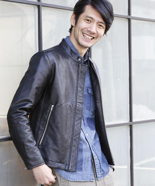 coen（コーエン）の「フェイクレザーシングルライダースジャケット（ライダースジャケット・メンズ・ブラック・MEDIUM/X-LARGE/LARGE/SMALL）」の2枚目の写真