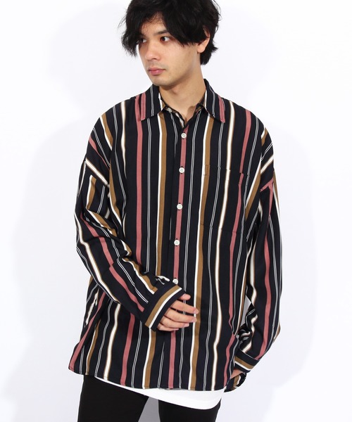 8(eight)(エイト)の「ストライプ ビッグシャツ 総柄シャツ オープンカラーシャツ(シャツ/ブラウス・メンズ・オレンジ/ネイビー/グリーン/ブラック・FREE)」の4枚目の写真