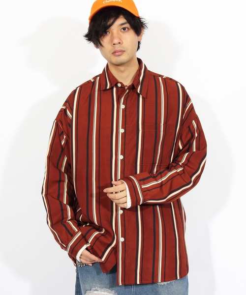 8(eight)(エイト)の「ストライプ ビッグシャツ 総柄シャツ オープンカラーシャツ(シャツ/ブラウス・メンズ・オレンジ/ネイビー/グリーン/ブラック・FREE)」の1枚目の写真