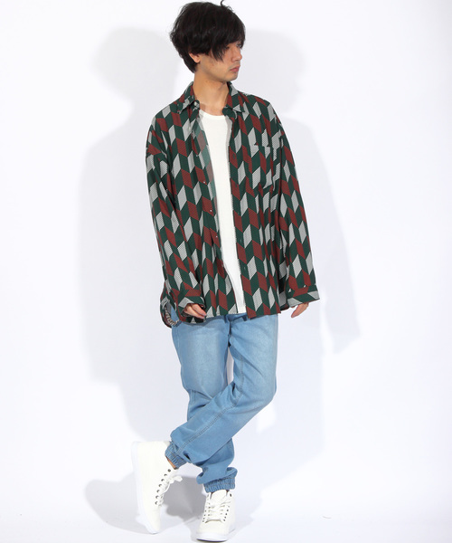 8(eight)(エイト)の「ストライプ ビッグシャツ 総柄シャツ オープンカラーシャツ(シャツ/ブラウス・メンズ・オレンジ/ネイビー/グリーン/ブラック・FREE)」の7枚目の写真