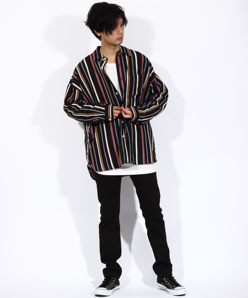 8(eight)(エイト)の「ストライプ ビッグシャツ 総柄シャツ オープンカラーシャツ(シャツ/ブラウス・メンズ・オレンジ/ネイビー/グリーン/ブラック・FREE)」の10枚目の写真