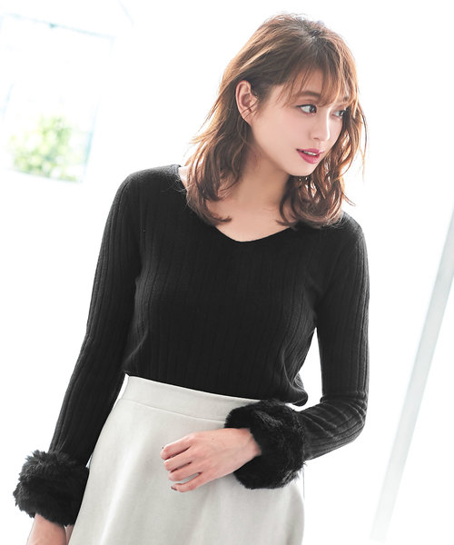 KOBE LETTUCE（コウベレタス）の「袖ファー付き2way！Uネック薄手リブニットトップス＊レディース/トップス[C3268]神戸レタス（ニット/セーター・レディース・ブラック/グレー/オフホワイト/ブルー/ボルドー・FREE）」の15枚目の写真