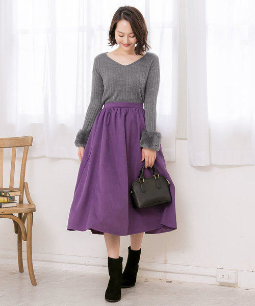 KOBE LETTUCE（コウベレタス）の「袖ファー付き2way！Uネック薄手リブニットトップス＊レディース/トップス[C3268]神戸レタス（ニット/セーター・レディース・ブラック/グレー/オフホワイト/ブルー/ボルドー・FREE）」の6枚目の写真