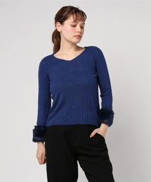 袖ファー付き2way！Uネック薄手リブニットトップス＊レディース/トップス[C3268]神戸レタス