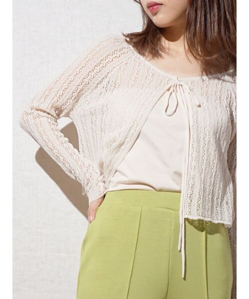 MERCURYDUO（マーキュリーデュオ）の「ベア付メッシュクロップドニット（ニット/セーター・レディース・オフホワイト/ライム/ベージュ・FREE）」の2枚目の写真