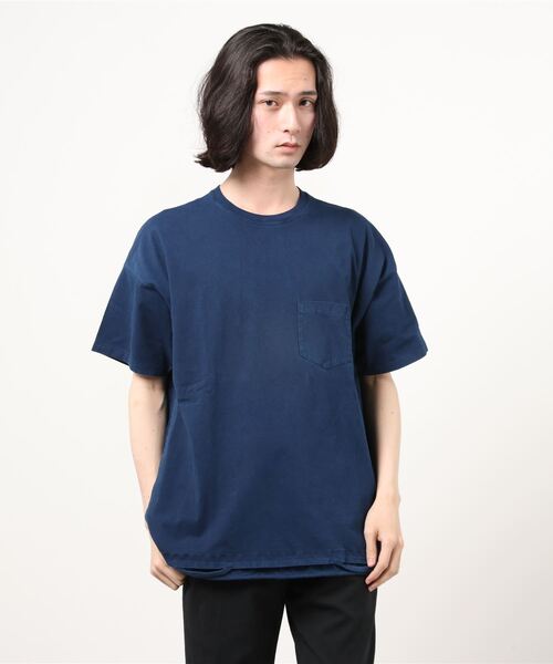 REMI RELIEF(レミレリーフ)の「REMI RELIEF(レミレリーフ) 別注30/-天竺変形マスクエステル 切替T インディゴ(Tシャツ/カットソー・メンズ・インディゴブルー・SMALL/MEDIUM/LARGE)」の1枚目の写真