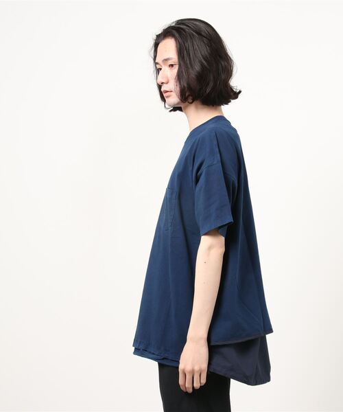 REMI RELIEF(レミレリーフ)の「REMI RELIEF(レミレリーフ) 別注30/-天竺変形マスクエステル 切替T インディゴ(Tシャツ/カットソー・メンズ・インディゴブルー・SMALL/MEDIUM/LARGE)」の3枚目の写真