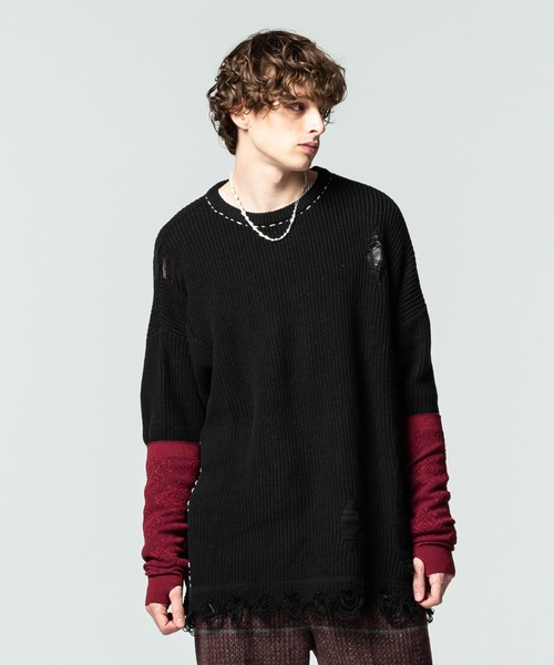 グラム ハンドスティッチクラッシュニットセーター 黒 オーバーサイズ 【L】 glamb（グラム）の「Hand stich crash knit / ハンドスティッチ