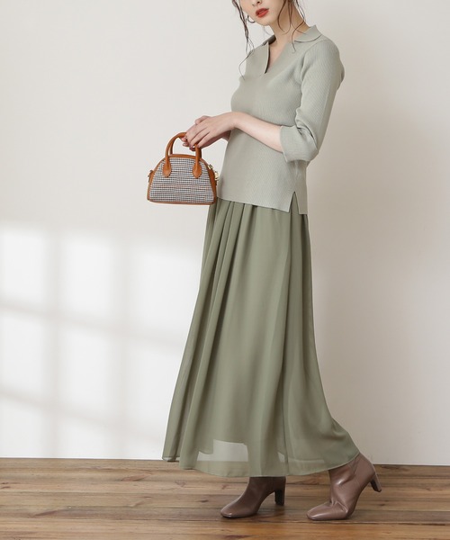 N.（N. Natural Beauty Basic）（エヌエヌナチュラルビューティーベーシック）の「◆襟付ニット＆ボリュームフレアスカートセットアップ（ワンピース・レディース・チャコールグレー/ブルー/グリーン・MEDIUM）」の2枚目の写真