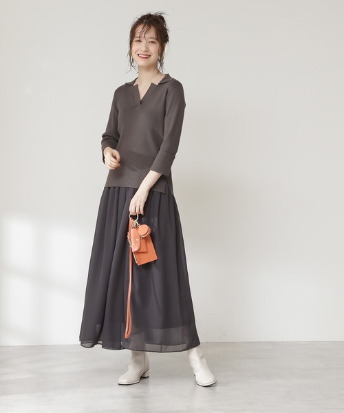 N.（N. Natural Beauty Basic）（エヌエヌナチュラルビューティーベーシック）の「◆襟付ニット＆ボリュームフレアスカートセットアップ（ワンピース・レディース・チャコールグレー/ブルー/グリーン・MEDIUM）」の6枚目の写真