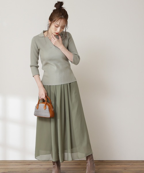 N.（N. Natural Beauty Basic）（エヌエヌナチュラルビューティーベーシック）の「◆襟付ニット＆ボリュームフレアスカートセットアップ（ワンピース・レディース・チャコールグレー/ブルー/グリーン・MEDIUM）」の9枚目の写真