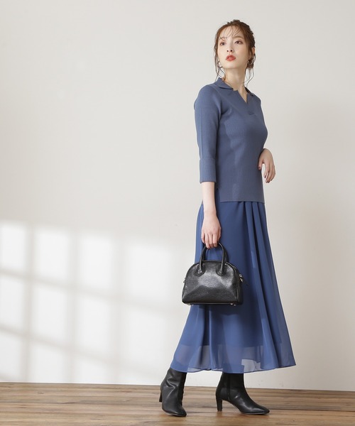 N.（N. Natural Beauty Basic）（エヌエヌナチュラルビューティーベーシック）の「◆襟付ニット＆ボリュームフレアスカートセットアップ（ワンピース・レディース・チャコールグレー/ブルー/グリーン・MEDIUM）」の4枚目の写真