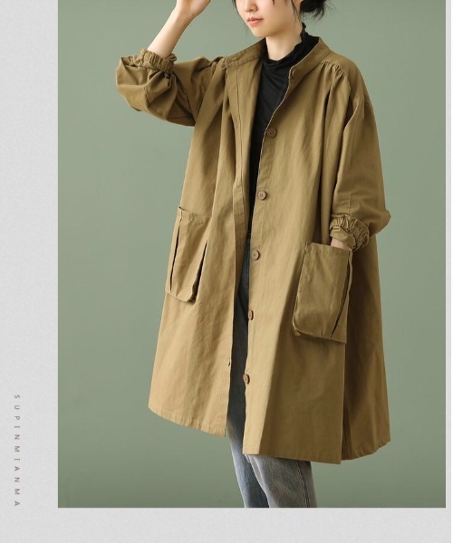 RUUX(ルーフ)の「ルーズシルエット ノーカラー コート(ノーカラーコート・レディース・カーキ/キャメル・MEDIUM/LARGE/X-LARGE/XX-LARGE/XXX-LARGE)」の6枚目の写真