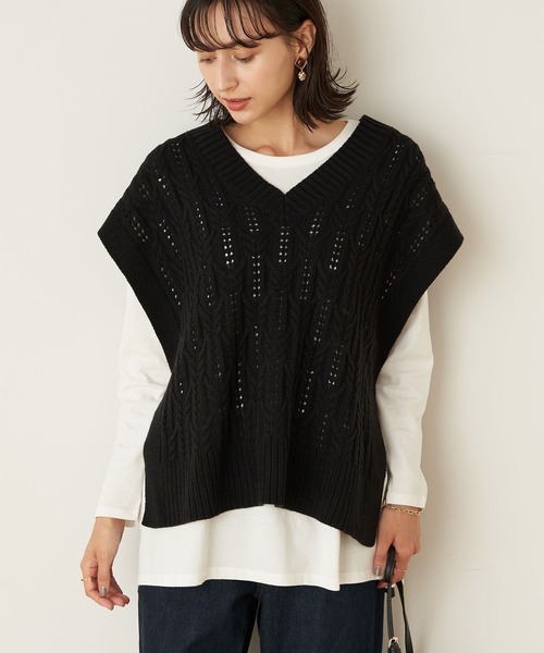 earth music&ecology（アースミュージックアンドエコロジー）の「透かし編ニットベスト ＊（ベスト・レディース・アイボリー/ブラック/ブラウン・FREE）」の3枚目の写真