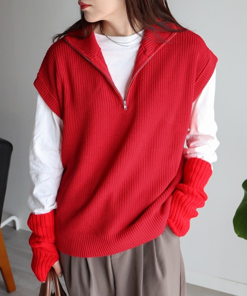 COURO（コウロ）の「ハーフジップニットベスト（ベスト・レディース・レッド/ブルー/ブラック/ピンク/アイボリー系/ホワイト×レッド/ホワイト×ブルー/ホワイト×ピンク・FREE）」の8枚目の写真