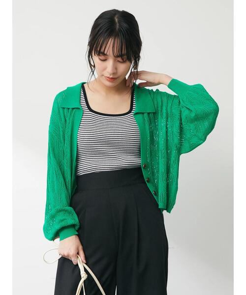 Green　Parks（グリーンパークス）の「すかし柄 襟つきショートカーディガン（カーディガン/ボレロ・レディース・ブラック/グリーン/アイボリー・FREE）」の7枚目の写真