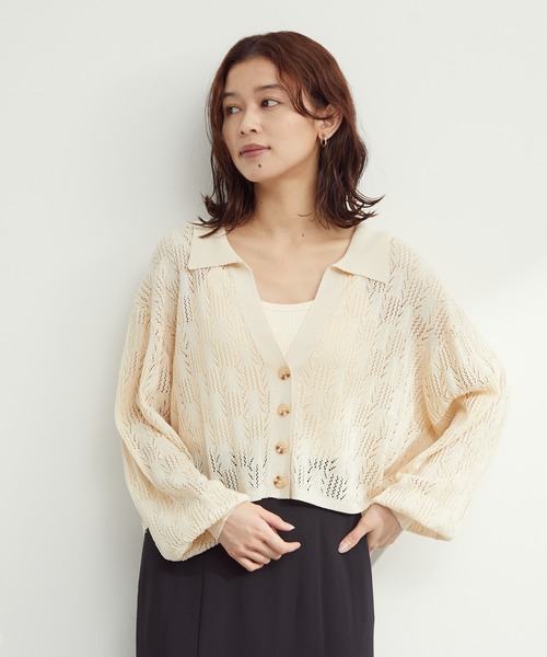 Green　Parks（グリーンパークス）の「すかし柄 襟つきショートカーディガン（カーディガン/ボレロ・レディース・ブラック/グリーン/アイボリー・FREE）」の2枚目の写真