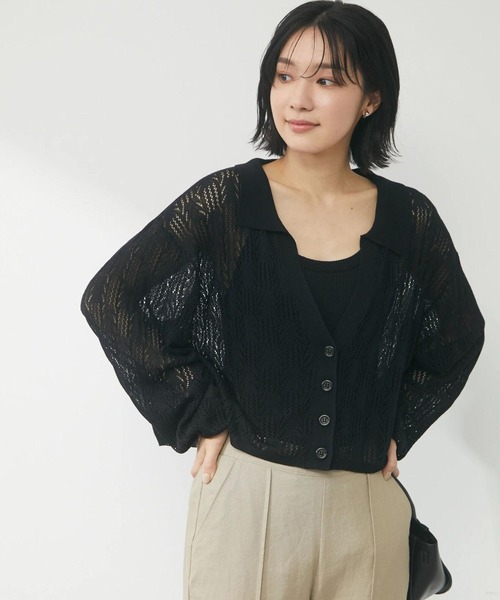 Green　Parks（グリーンパークス）の「すかし柄 襟つきショートカーディガン（カーディガン/ボレロ・レディース・ブラック/グリーン/アイボリー・FREE）」の3枚目の写真