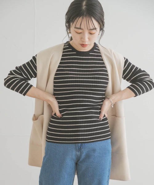 ITEMS URBANRESEARCH（アイテムズ アーバンリサーチ）の「モチモチボーダーニット（ニット/セーター・レディース・ブラック/ブラウン/オフホワイト/カーキ・FREE）」の14枚目の写真