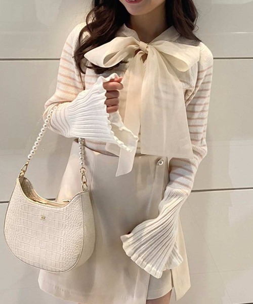 one after another NICE CLAUP（ワンアフターアナザーナイスクラップ）の「2wayボウタイベルスリーブニット（ニット/セーター・レディース・ブラック系その他/ピンク系その他/オフホワイト/ブラック/ホワイト系その他・FREE）」の5枚目の写真