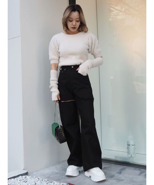 EVRIS（エヴリス）の「ファンシーヤーンアームウォーマーニットトップス（ニット/セーター・レディース・ブラック/パープル/アイボリー・FREE）」の14枚目の写真