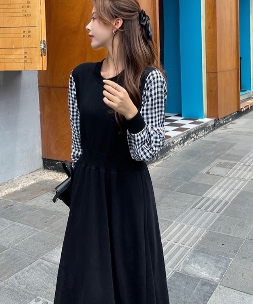 セール】ギンガムチェック袖ドッキングロングワンピース（ワンピース  