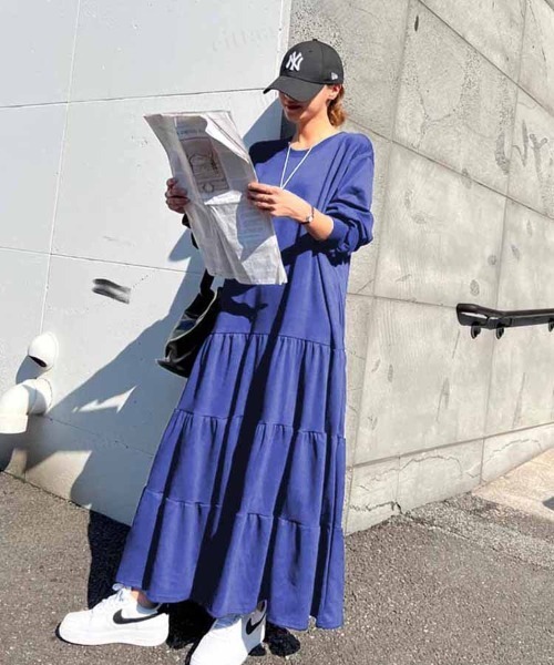 韓国ファッションティアードスウェットロングワンピース