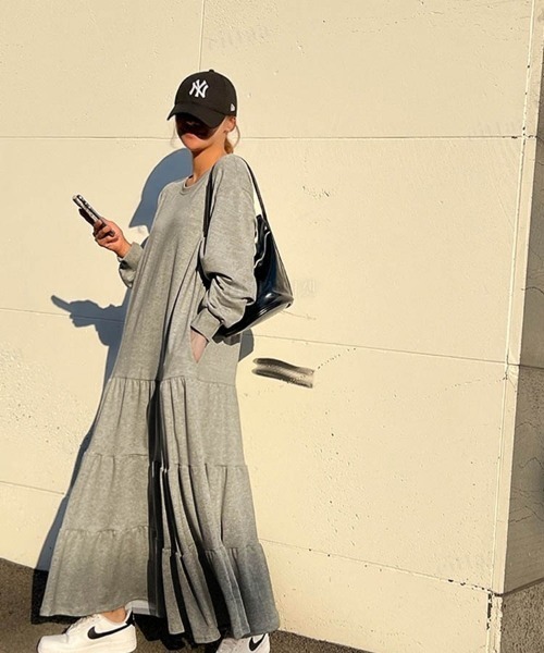 韓国ファッションティアードスウェットロングワンピース（ワンピース