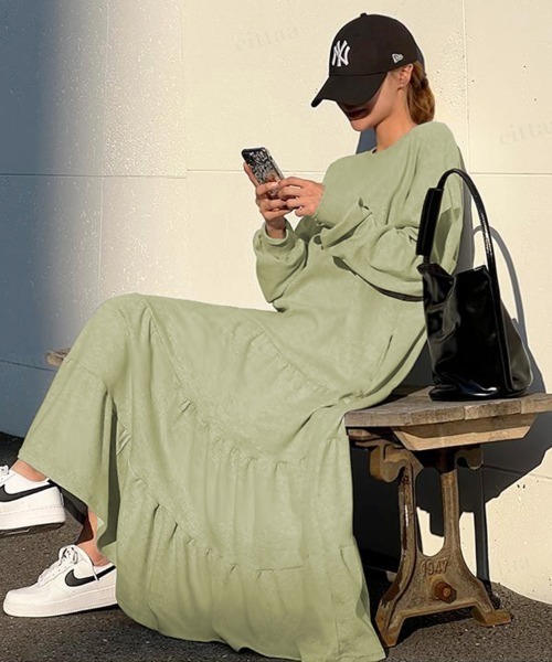 Dalfwin（ダールフィン）の「韓国ファッションティアードスウェットロングワンピース（ワンピース・レディース・グレー/パープル/グレー系その他/ブラック/ライトグリーン/ホワイト・FREE）」の5枚目の写真