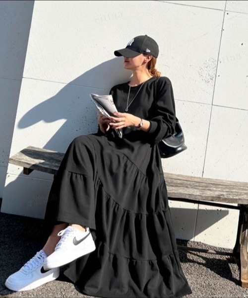 Dalfwin（ダールフィン）の「韓国ファッションティアードスウェットロングワンピース（ワンピース・レディース・グレー/パープル/グレー系その他/ブラック/ライトグリーン/ホワイト・FREE）」の13枚目の写真