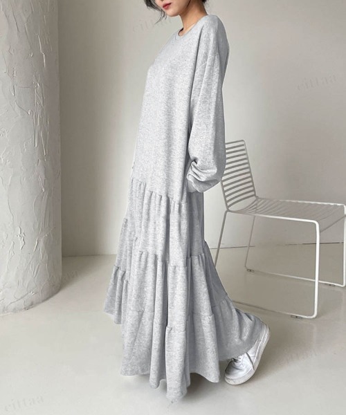 Dalfwin（ダールフィン）の「韓国ファッションティアードスウェットロングワンピース（ワンピース・レディース・グレー/パープル/グレー系その他/ブラック/ライトグリーン/ホワイト・FREE）」の20枚目の写真