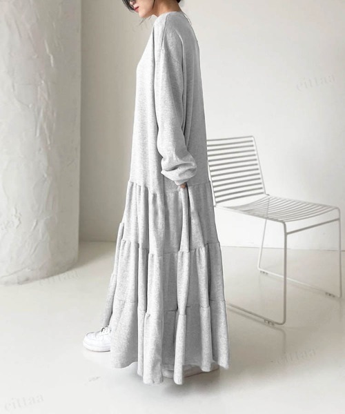 Dalfwin（ダールフィン）の「韓国ファッションティアードスウェットロングワンピース（ワンピース・レディース・グレー/パープル/グレー系その他/ブラック/ライトグリーン/ホワイト・FREE）」の17枚目の写真