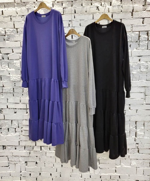 Dalfwin（ダールフィン）の「韓国ファッションティアードスウェットロングワンピース（ワンピース・レディース・グレー/パープル/グレー系その他/ブラック/ライトグリーン/ホワイト・FREE）」の21枚目の写真