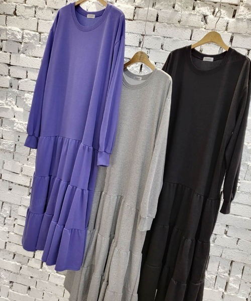 Dalfwin（ダールフィン）の「韓国ファッションティアードスウェットロングワンピース（ワンピース・レディース・グレー/パープル/グレー系その他/ブラック/ライトグリーン/ホワイト・FREE）」の18枚目の写真