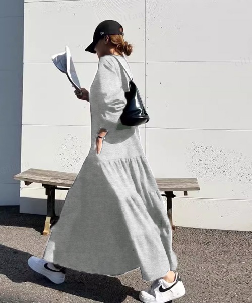 Dalfwin（ダールフィン）の「韓国ファッションティアードスウェットロングワンピース（ワンピース・レディース・グレー/パープル/グレー系その他/ブラック/ライトグリーン/ホワイト・FREE）」の9枚目の写真