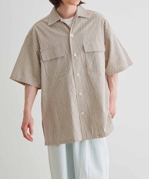 《FINAL PRICE》【WEB限定】麻混 ストライプ オープンカラー ワーク シャツ / 半袖 / ボックス ワイド / ユニセックス