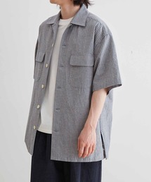 《FINAL PRICE》【WEB限定】麻混 ストライプ オープンカラー ワーク シャツ / 半袖 / ボックス ワイド / ユニセックス