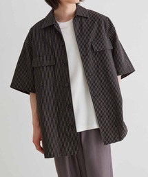 《FINAL PRICE》【WEB限定】麻混 ストライプ オープンカラー ワーク シャツ / 半袖 / ボックス ワイド / ユニセックス